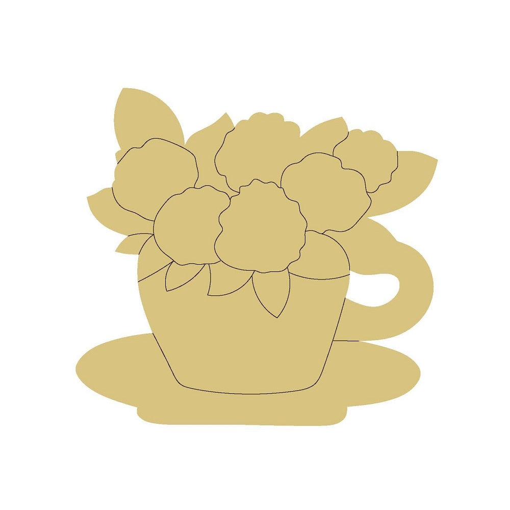 Floral Teacup Mug Design By Lines Unfinished Wood Cutout Style 2